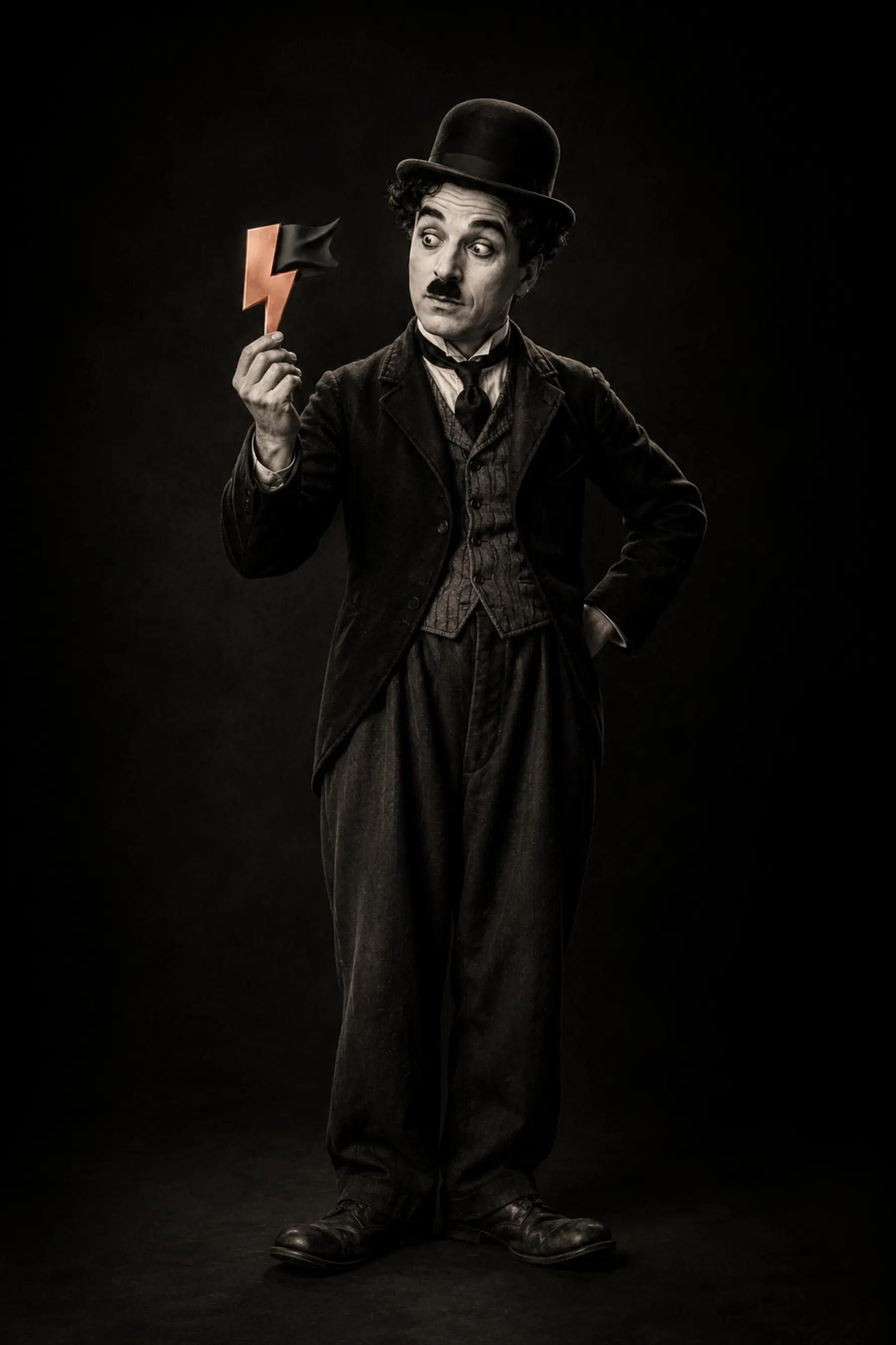 A full-body Chaplin-inspired figure stepping forward holding the PIFF copper lightning logo - cinema history meets new visual storytelling