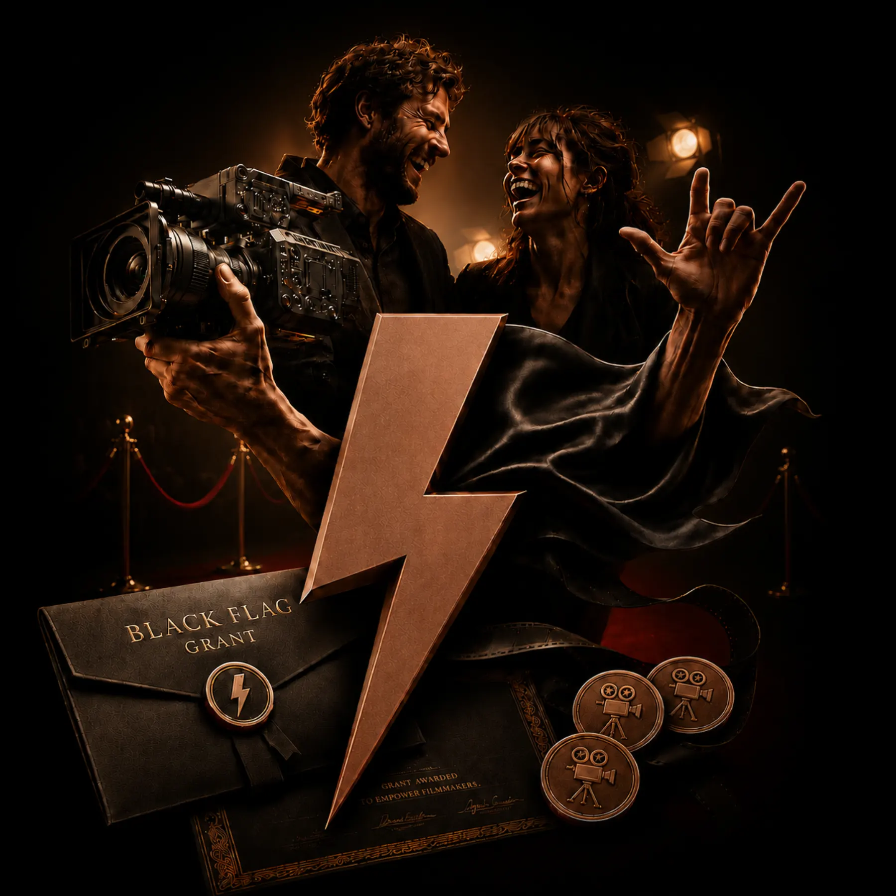 Bronze hands rising from rock - one holding a cinema camera, one signing 'I love you' - around the PIFF copper lightning flag