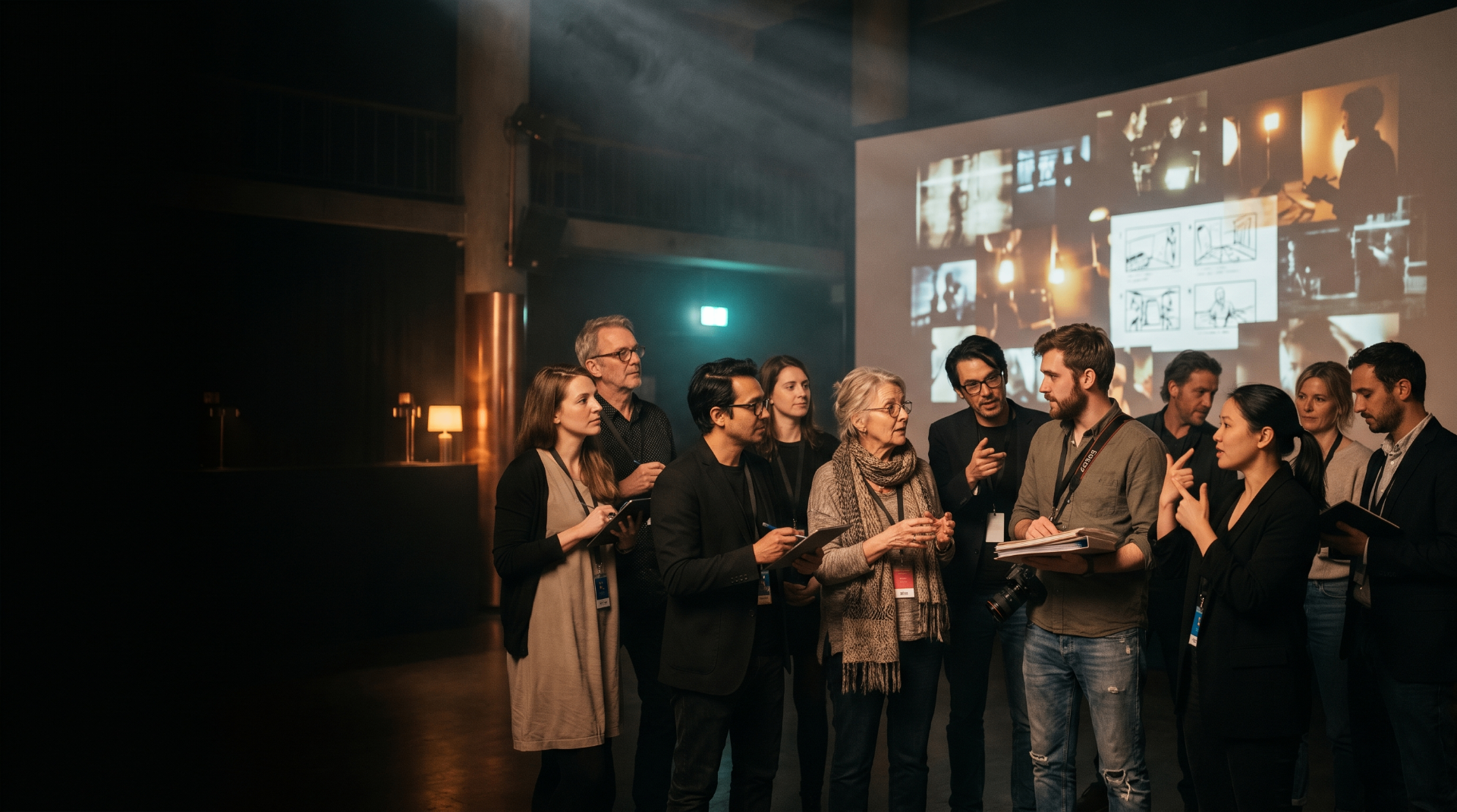 Industry delegates gathered around a projected wall of film stills and storyboards at PIFF