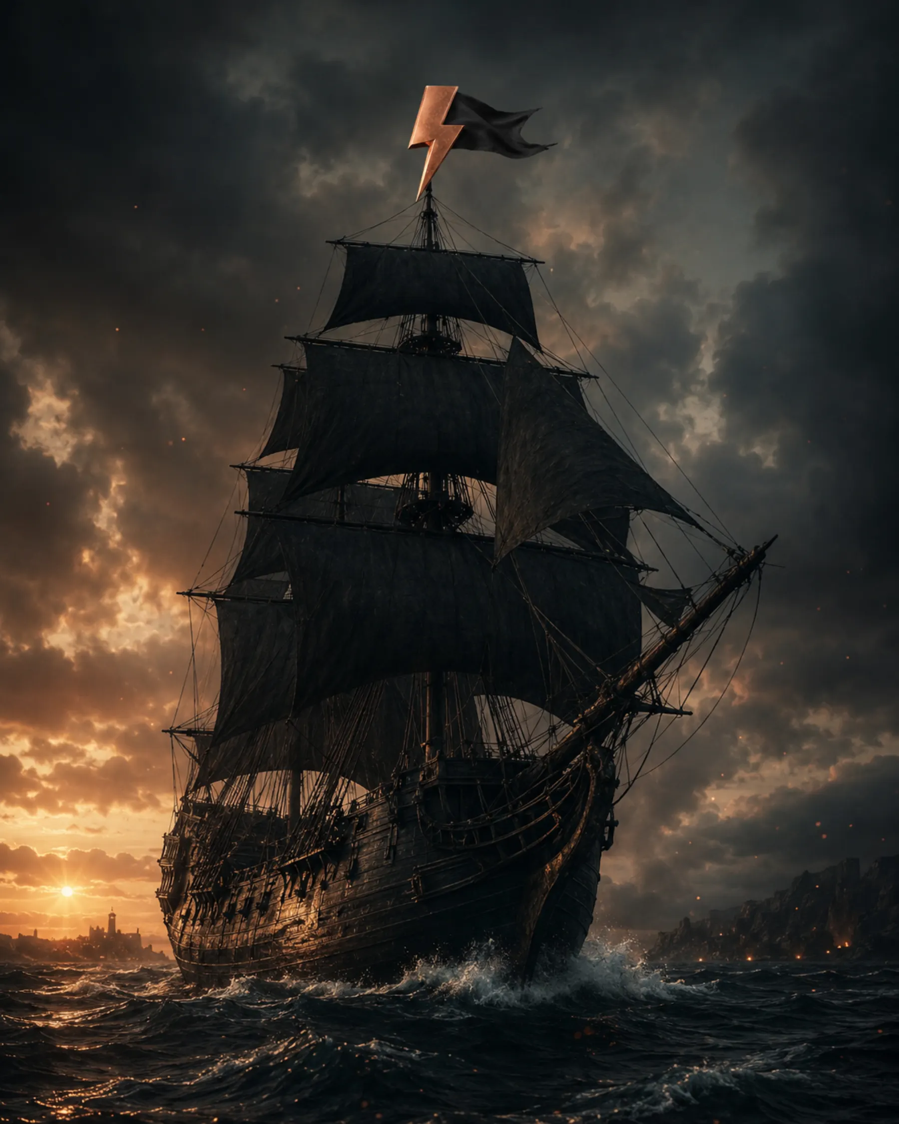 A dark pirate ship at sea flying the PIFF copper lightning flag - atmosphere for the first edition