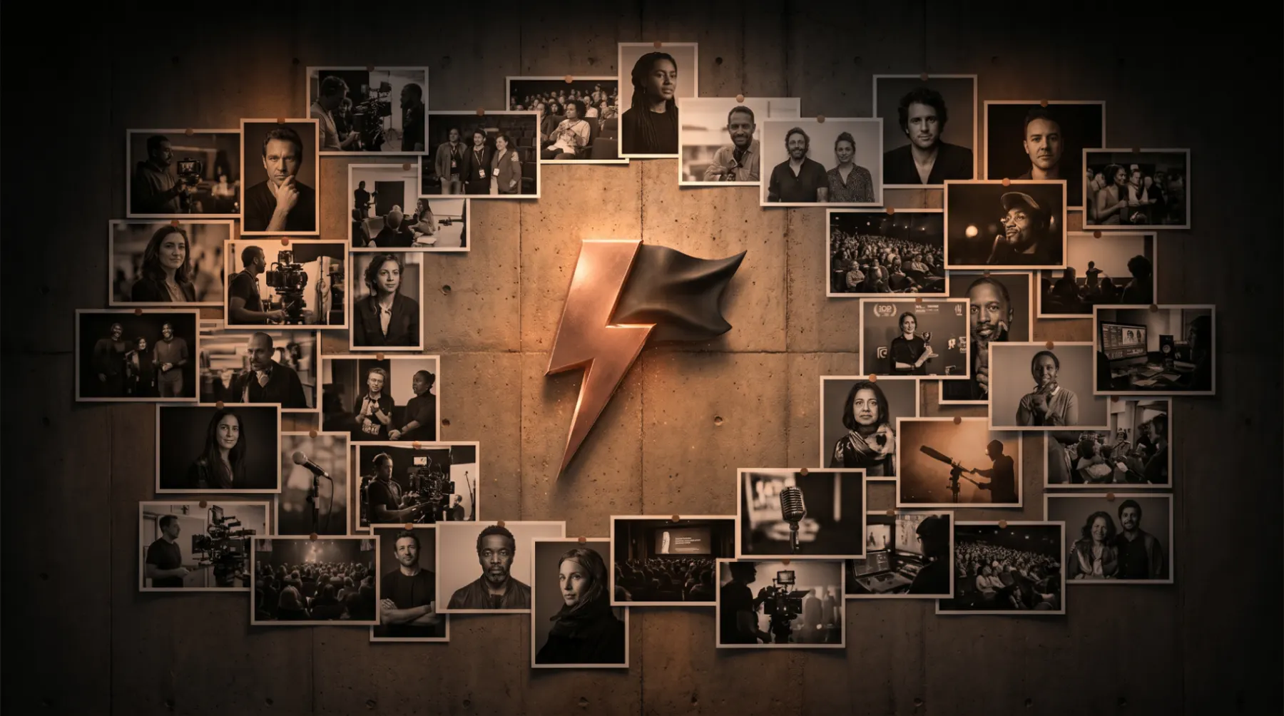 A wall of cinematic portraits of filmmakers, performers and audiences surrounding the PIFF copper lightning flag