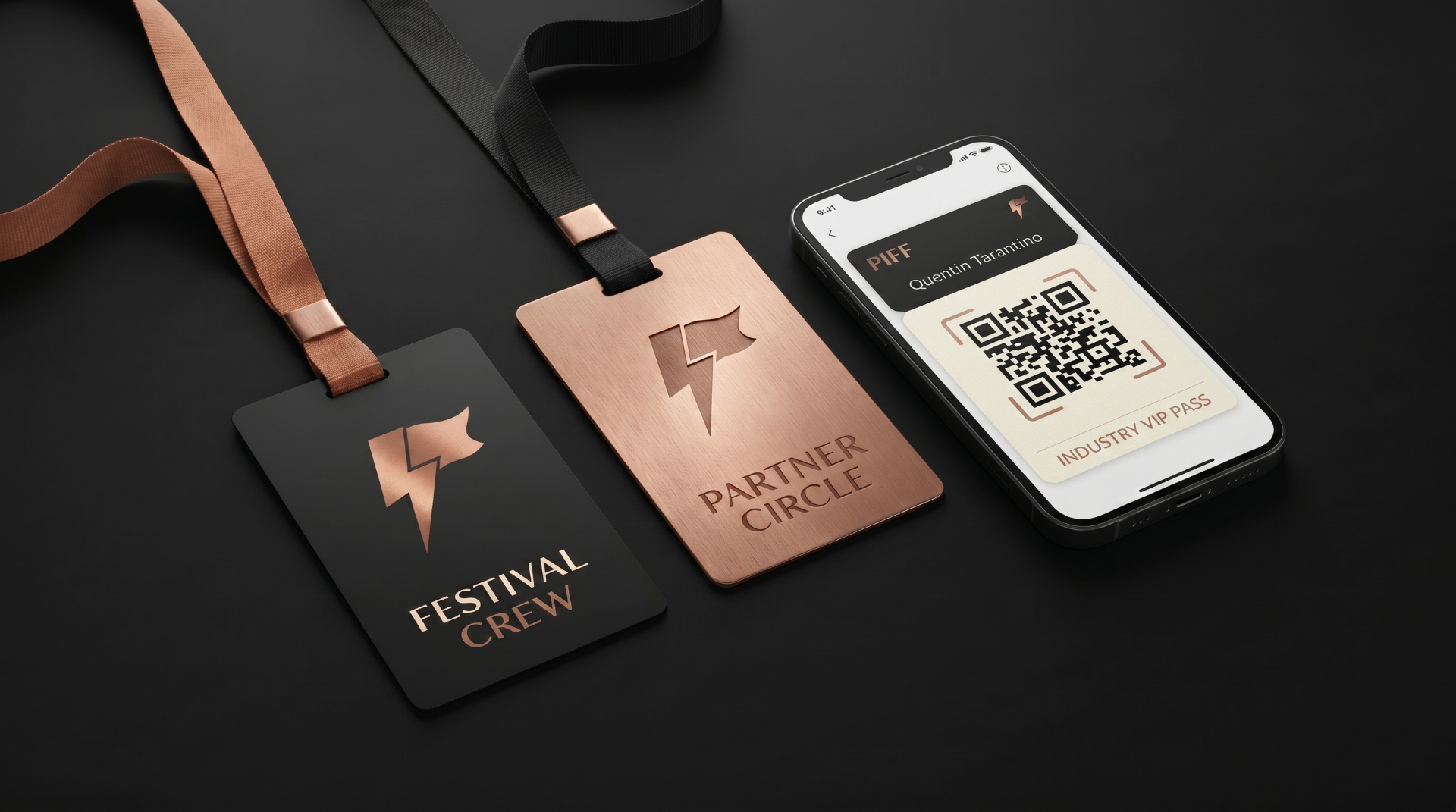 PIFF festival crew lanyard, Partner Circle copper pass and Industry VIP Pass shown on a phone screen