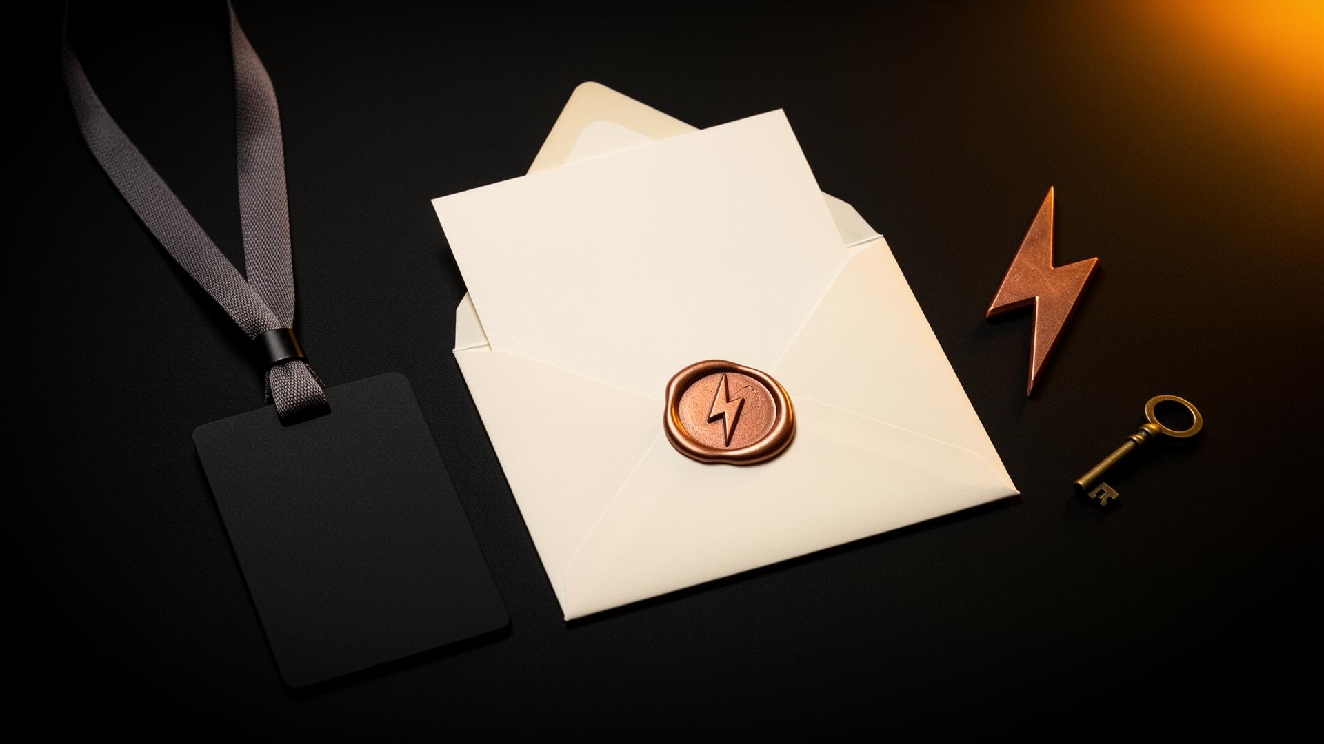 An ivory invitation envelope sealed with a copper lightning wax stamp beside a blank festival pass.