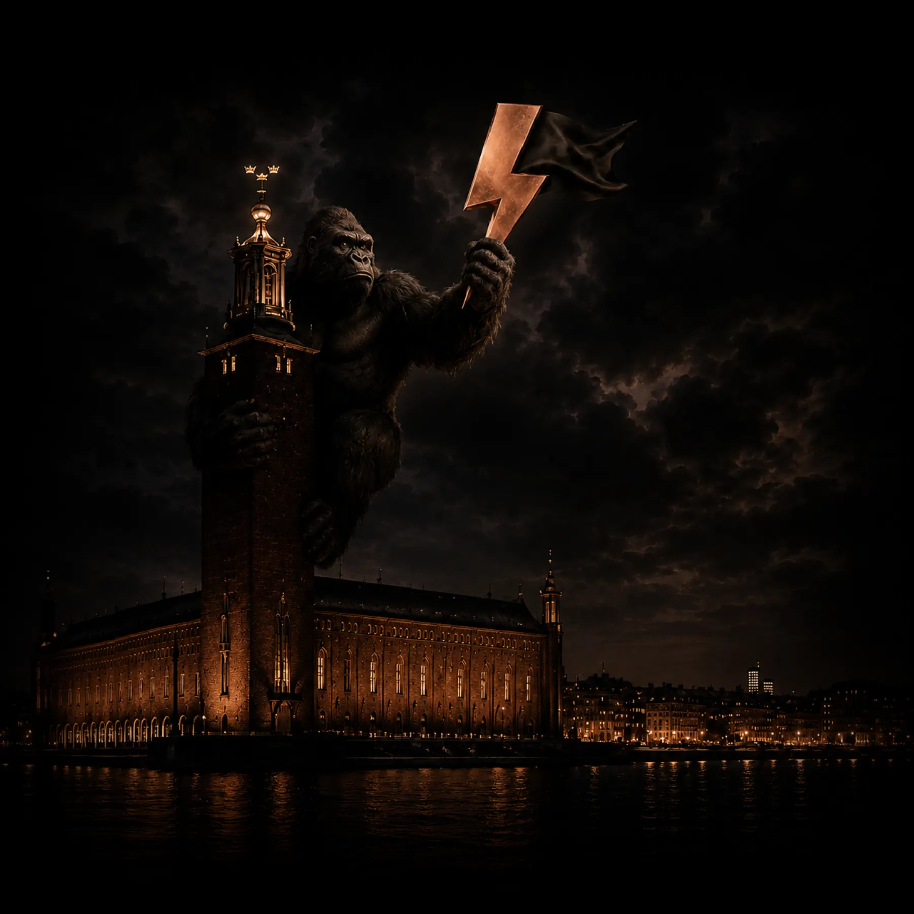 Stockholm City Hall at night with the PIFF copper lightning symbol projected into the sky above the silhouette of the city