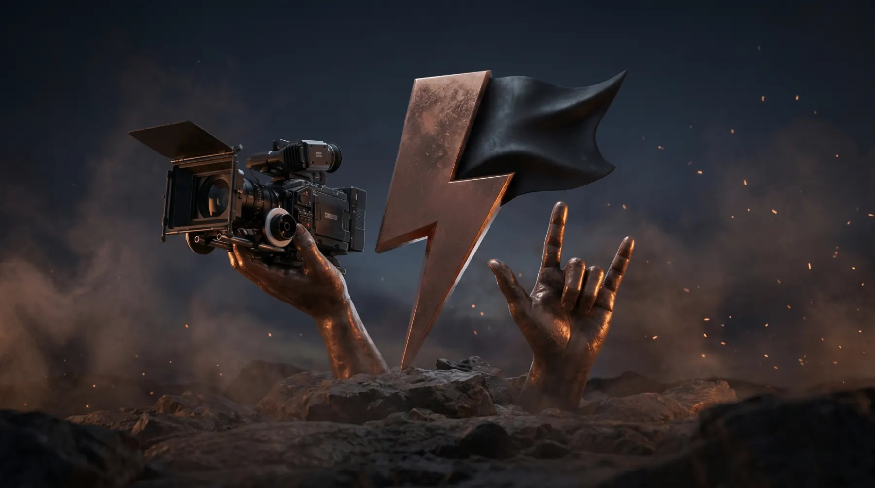 A dark tabletop showing the Black Flag Grant envelope with copper wax seal, a cinema camera, talent portraits and festival materials